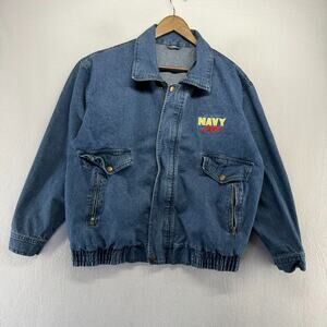 Vintage Navy Denim Bomber Jacket Mens Large Blue Cropped Boxy Elastic Collar 90s